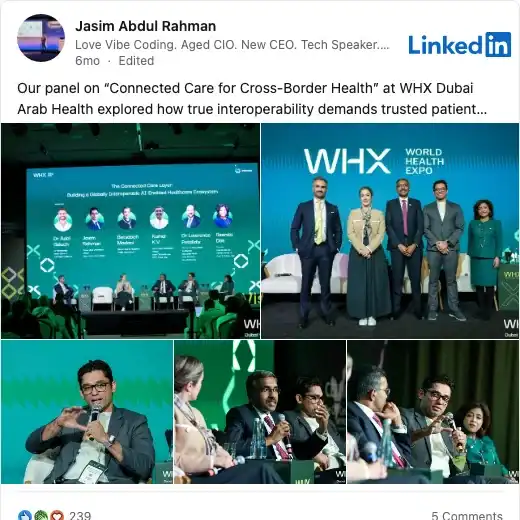 LinkedIn post by speaker Jasim Abdul Rahman about World Health Expo 2026